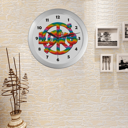 Colorful Love and Peace Silver Color Wall Clock