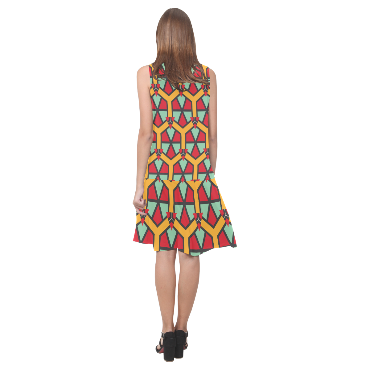 Honeycombs triangles and other shapes pattern Sleeveless Splicing Shift Dress(Model D17)