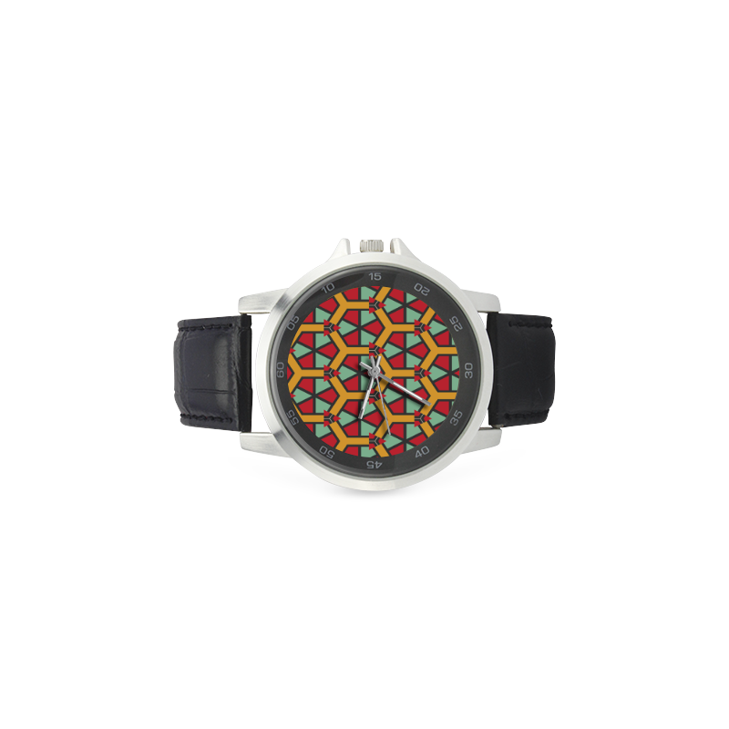 Honeycombs triangles and other shapes pattern Unisex Stainless Steel Leather Strap Watch(Model 202)