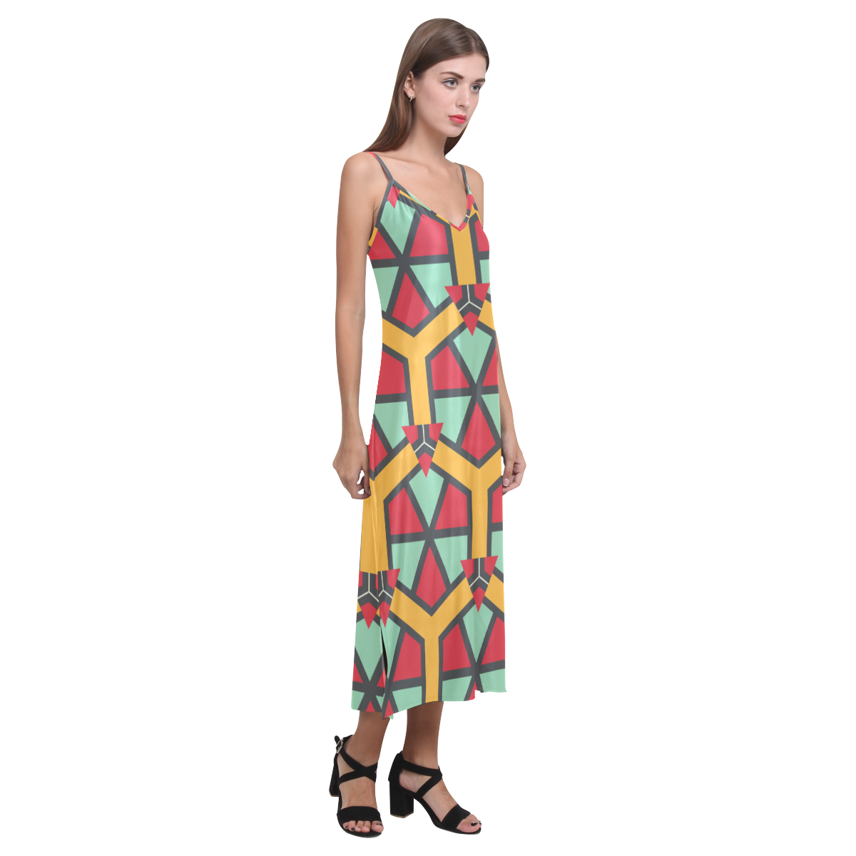 Honeycombs triangles and other shapes pattern V-Neck Open Fork Long Dress(Model D18)
