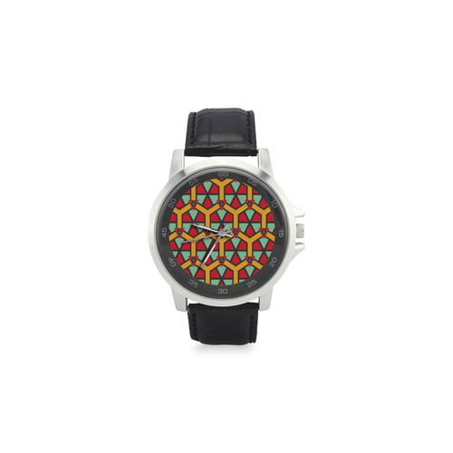 Honeycombs triangles and other shapes pattern Unisex Stainless Steel Leather Strap Watch(Model 202)