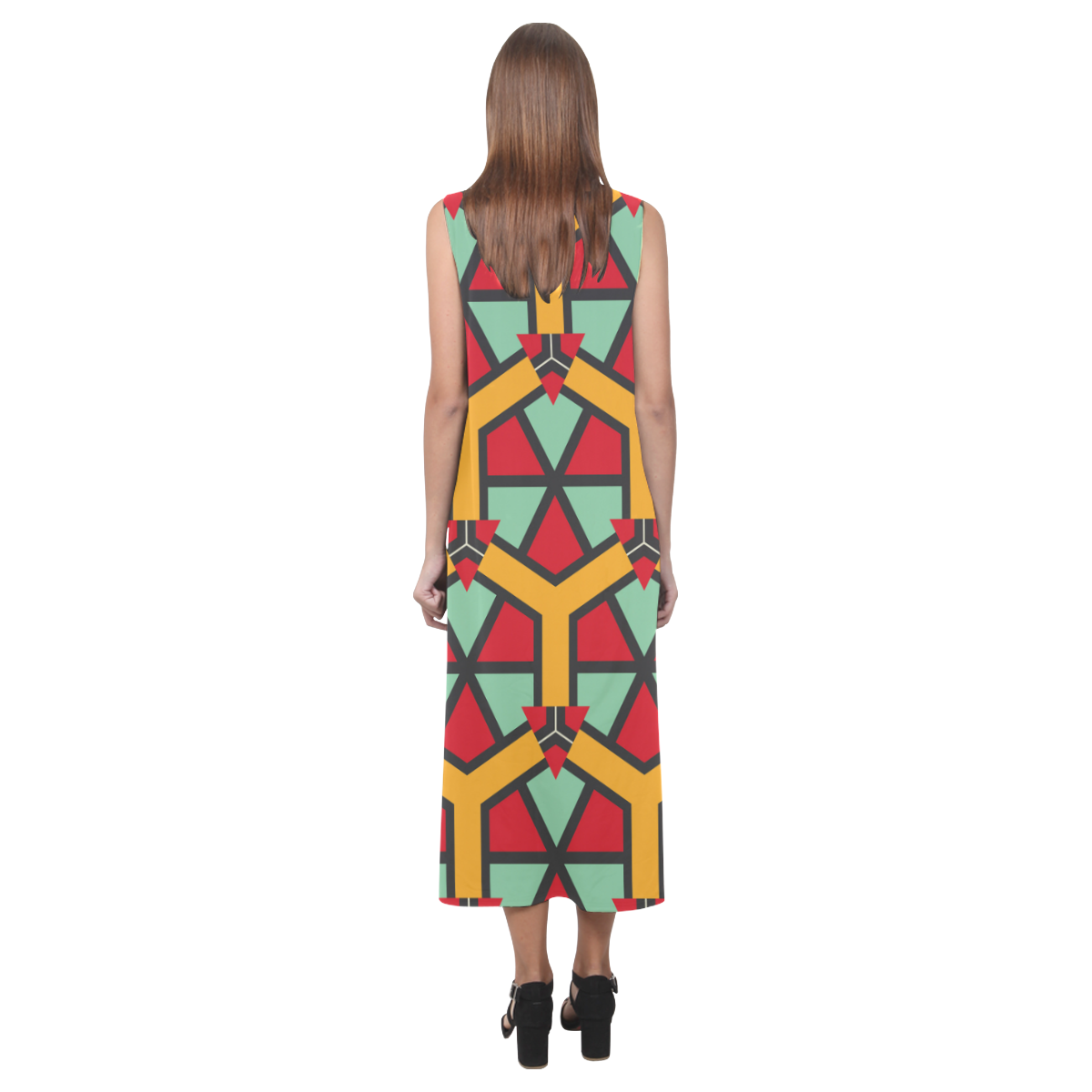 Honeycombs triangles and other shapes pattern Phaedra Sleeveless Open Fork Long Dress (Model D08)