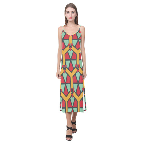 Honeycombs triangles and other shapes pattern V-Neck Open Fork Long Dress(Model D18)
