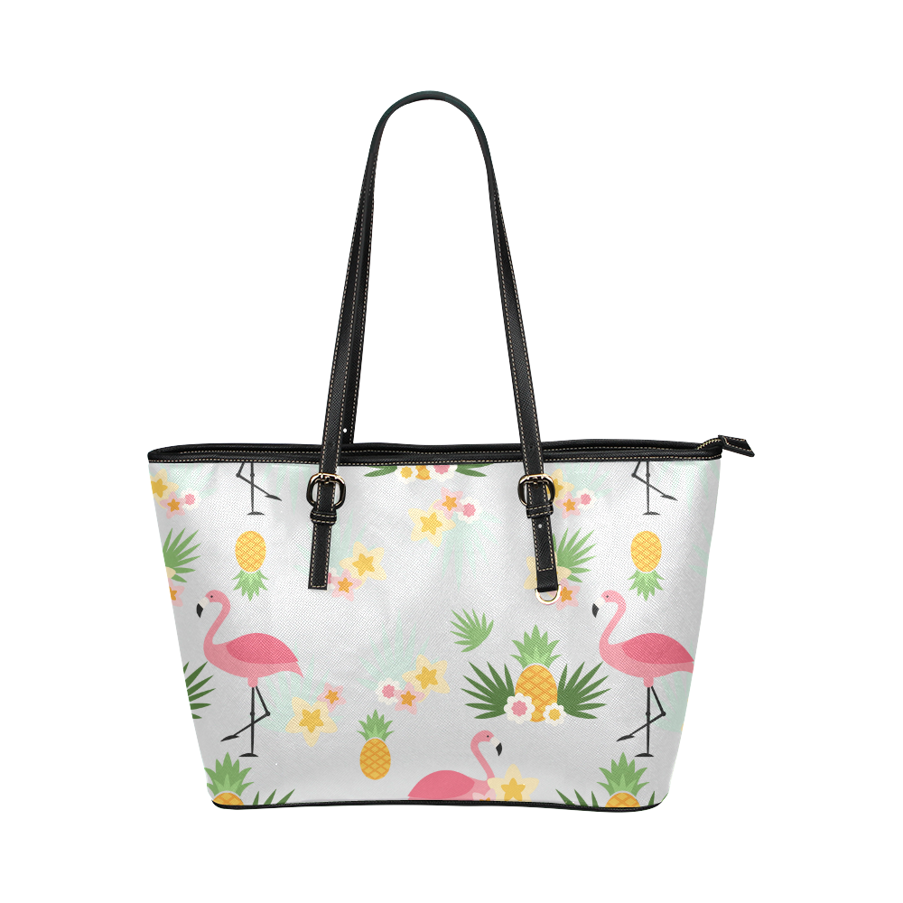 Flamingos and Pineapple Pattern Leather Tote Bag/Large (Model 1651)