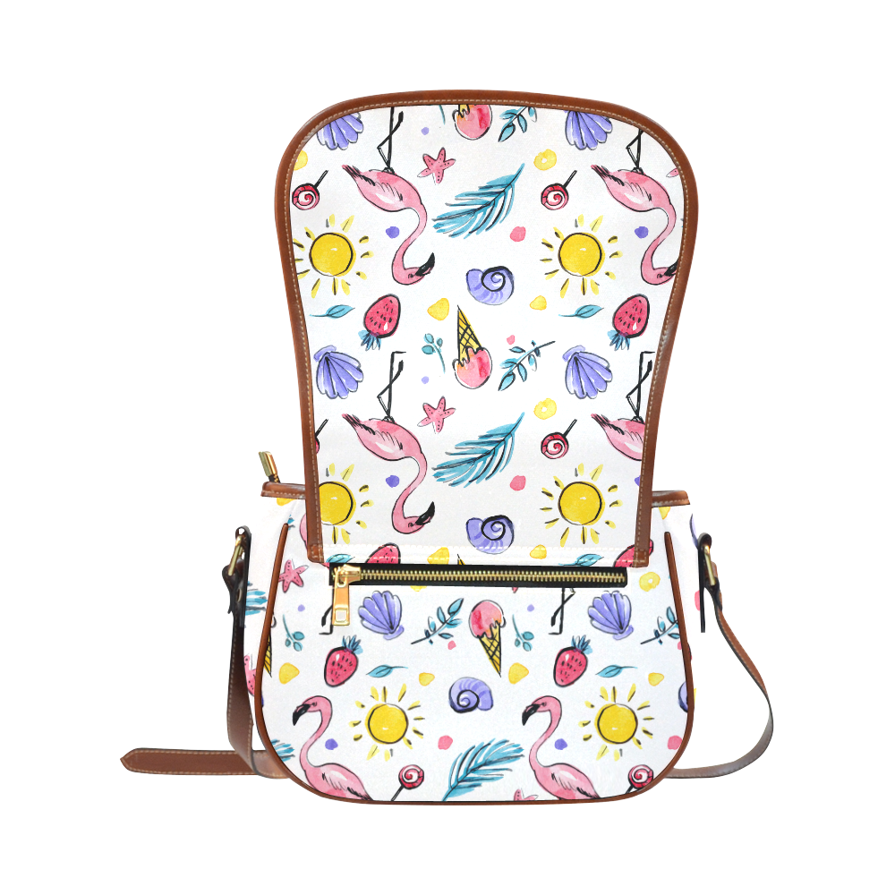 Hand Drawn Watercolor Flamingos Saddle Bag/Small (Model 1649) Full Customization
