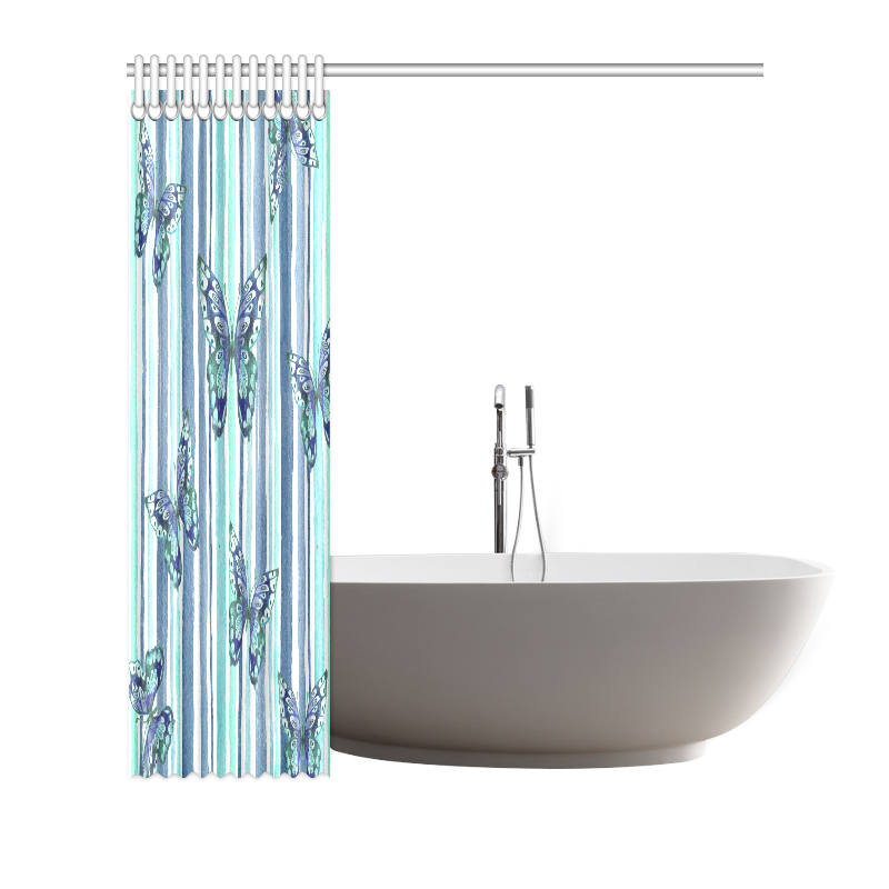 Watercolor Butterflies & Stripes Blue Cyan Shower Curtain 72"x72"