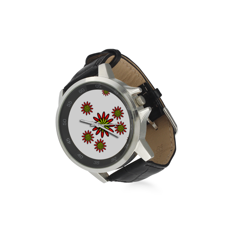 Red Flowers Unisex Stainless Steel Leather Strap Watch(Model 202)