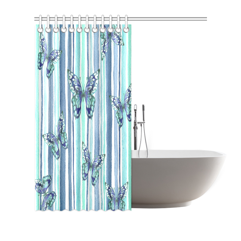 Watercolor Butterflies & Stripes Blue Cyan Shower Curtain 72"x72"