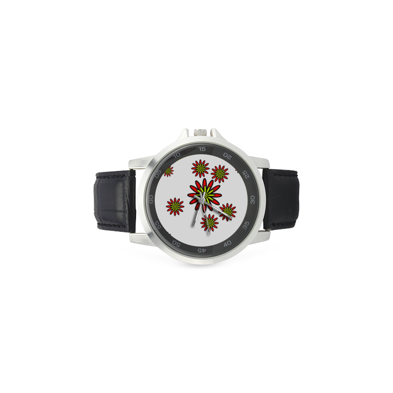Red Flowers Unisex Stainless Steel Leather Strap Watch(Model 202)
