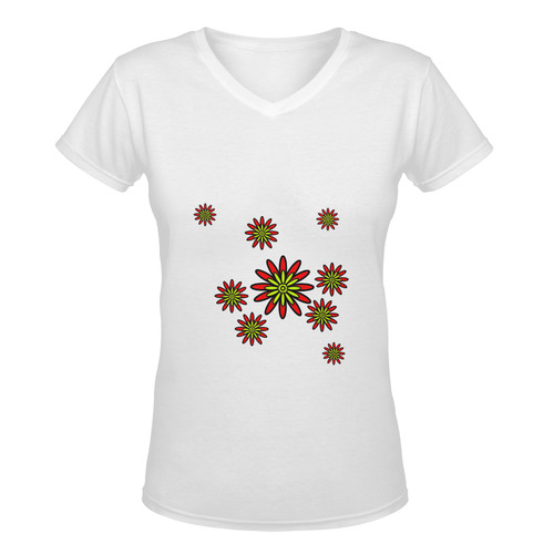 Red Flowers Women's Deep V-neck T-shirt (Model T19)