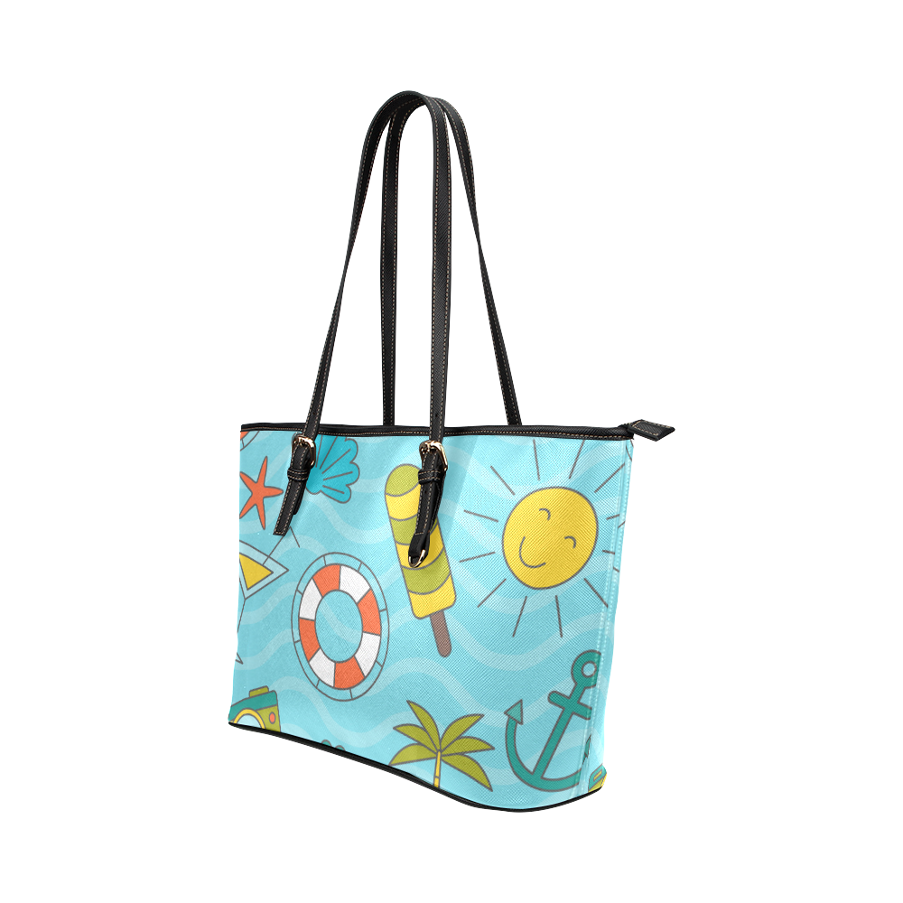 Waves Pattern with Summer Elements Leather Tote Bag/Large (Model 1651)