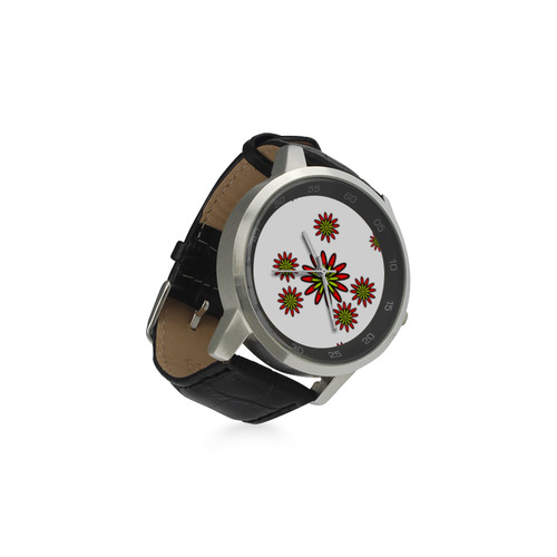 Red Flowers Unisex Stainless Steel Leather Strap Watch(Model 202)