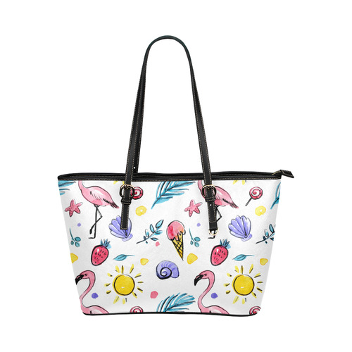 Hand Drawn Watercolor Flamingos Leather Tote Bag/Large (Model 1651)