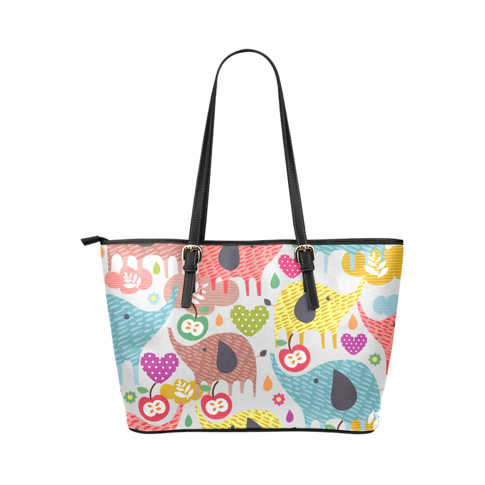 Colorful Cute Elephants Pattern Background Leather Tote Bag/Large (Model 1651)