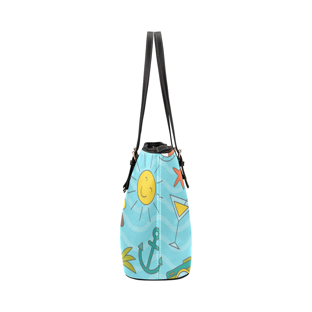 Waves Pattern with Summer Elements Leather Tote Bag/Large (Model 1651)
