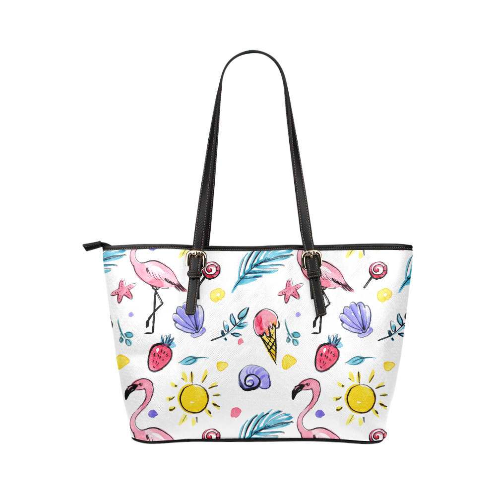 Hand Drawn Watercolor Flamingos Leather Tote Bag/Large (Model 1651)