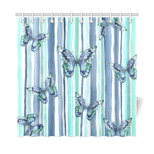 Watercolor Butterflies & Stripes Blue Cyan Shower Curtain 72"x72"