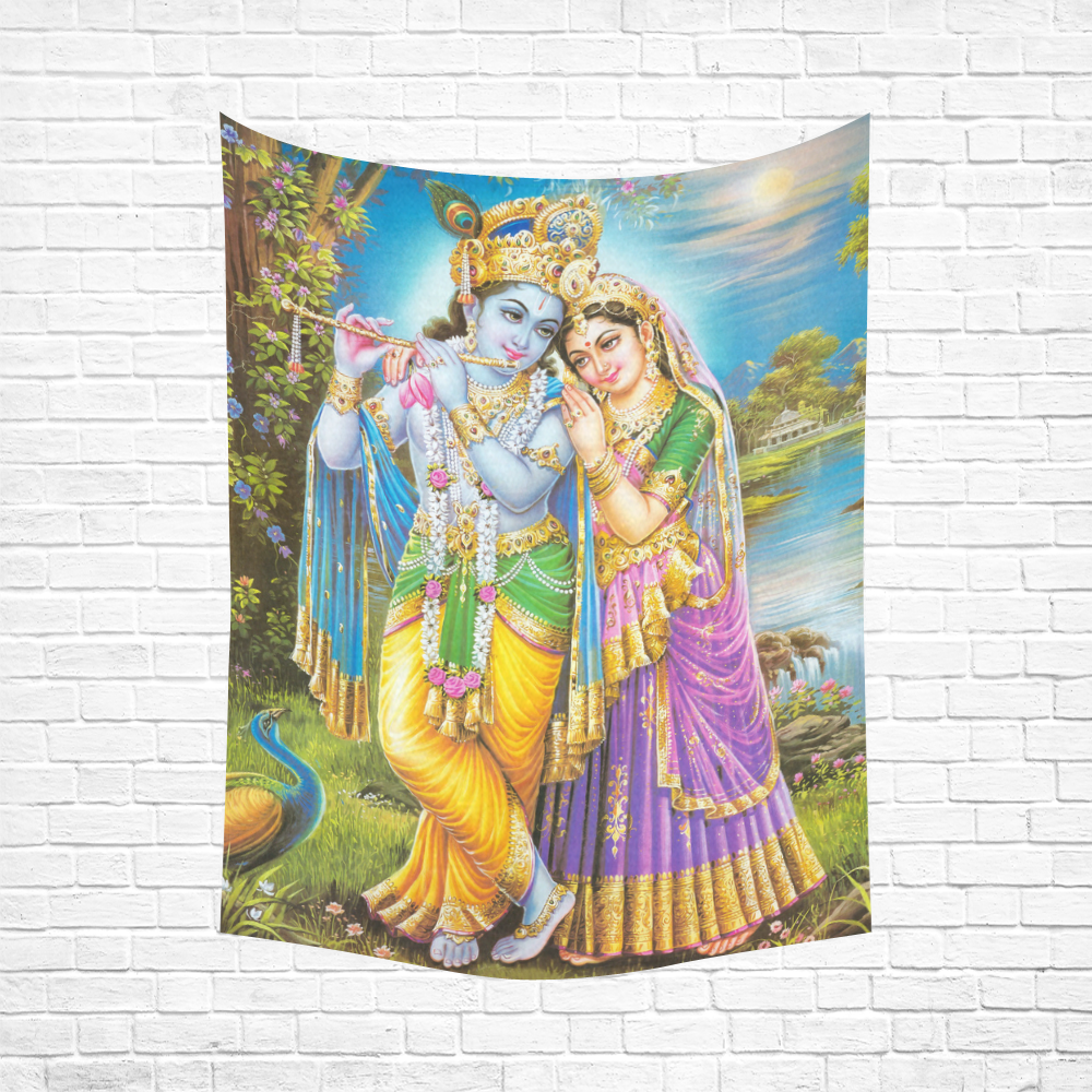 Krishna Radha Beautiful Hindu Deities Cotton Linen Wall Tapestry 60"x 80"