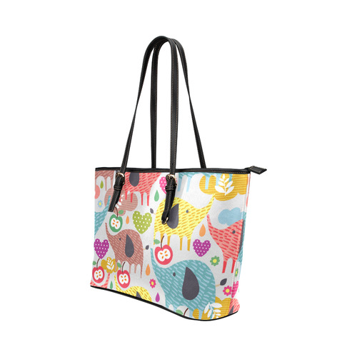 Colorful Cute Elephants Pattern Background Leather Tote Bag/Large (Model 1651)