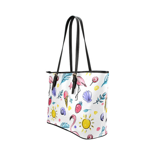 Hand Drawn Watercolor Flamingos Leather Tote Bag/Large (Model 1651)