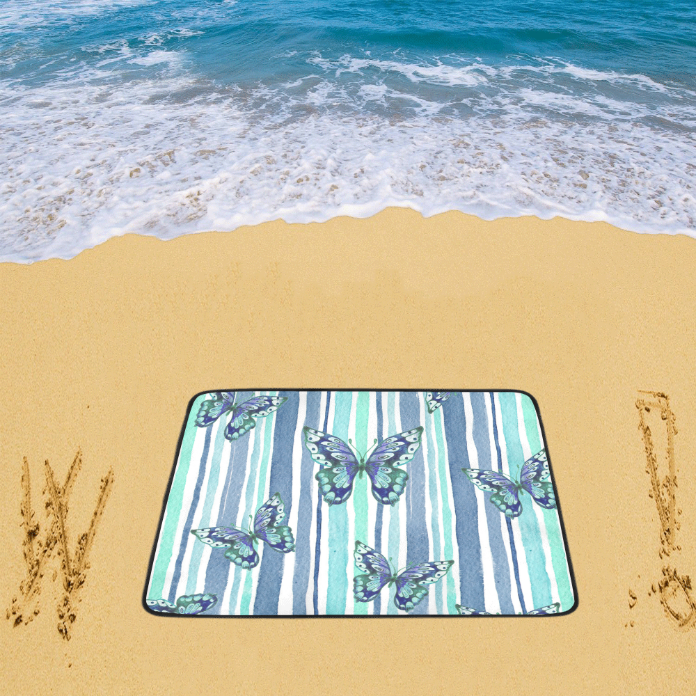 Watercolor Butterflies & Stripes Blue Cyan Beach Mat 78"x 60"