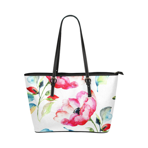 Hand painted watercolor flowers Leather Tote Bag/Small (Model 1651)