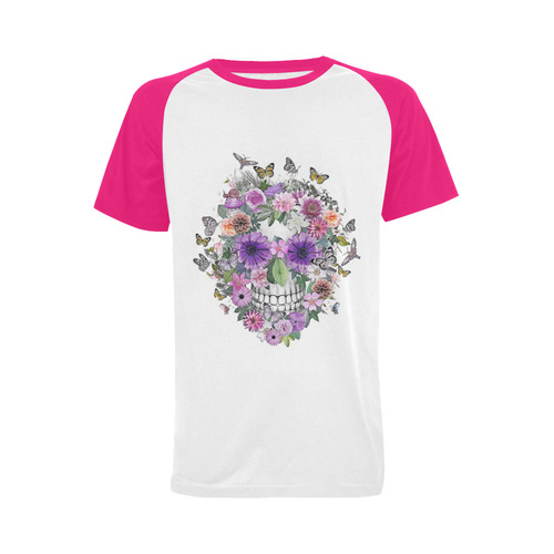 flower skull pink, orange,violett Men's Raglan T-shirt Big Size (USA Size) (Model T11)