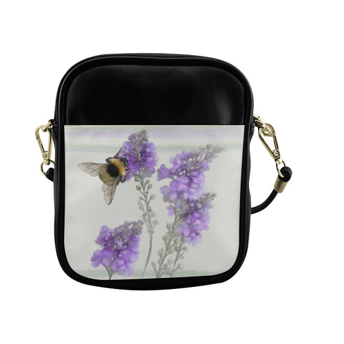 Bumblebee on purple flowers watercolor, lines Sling Bag (Model 1627)