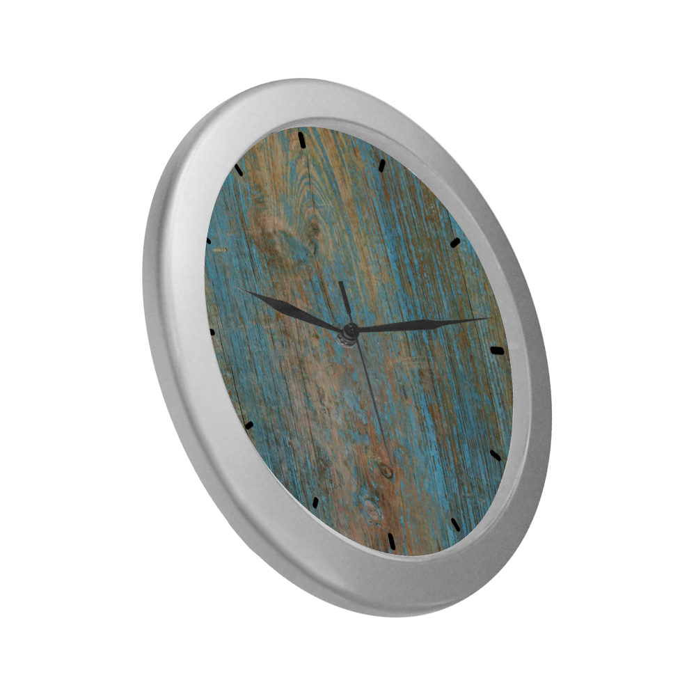 Rustic Wood  Blue Weathered Peeling Paint Silver Color Wall Clock