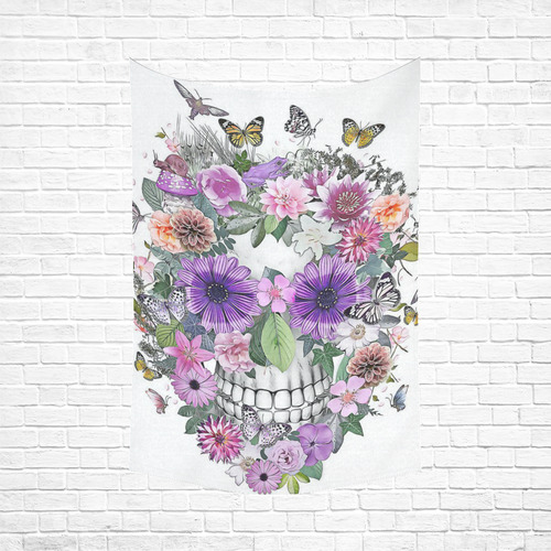 flower skull pink, orange,violett Cotton Linen Wall Tapestry 60"x 90"