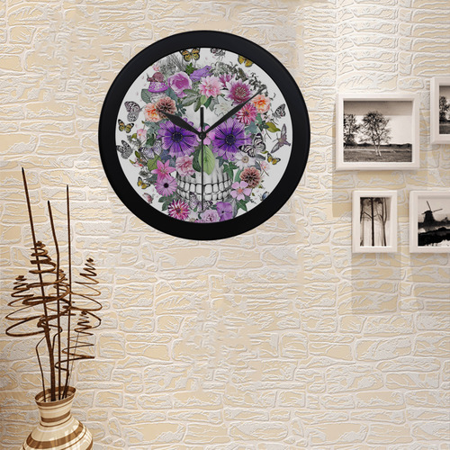 flower skull pink, orange,violett Circular Plastic Wall clock