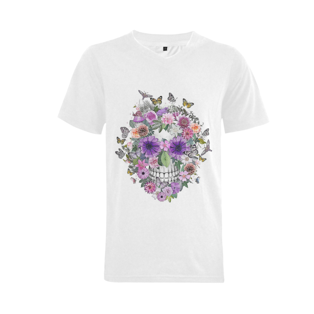 flower skull pink, orange,violett Men's V-Neck T-shirt (USA Size) (Model T10)