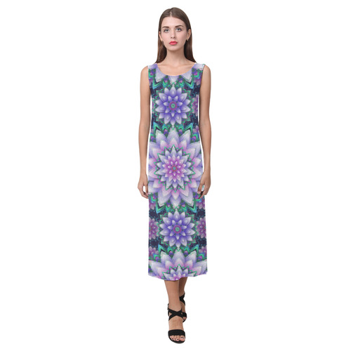 Lotus Flower Ornament - Purple and green Phaedra Sleeveless Open Fork Long Dress (Model D08)