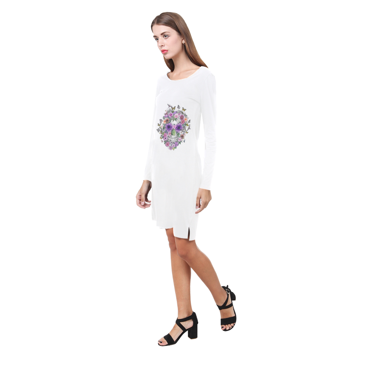flower skull pink, orange,violett Demeter Long Sleeve Nightdress (Model D03)