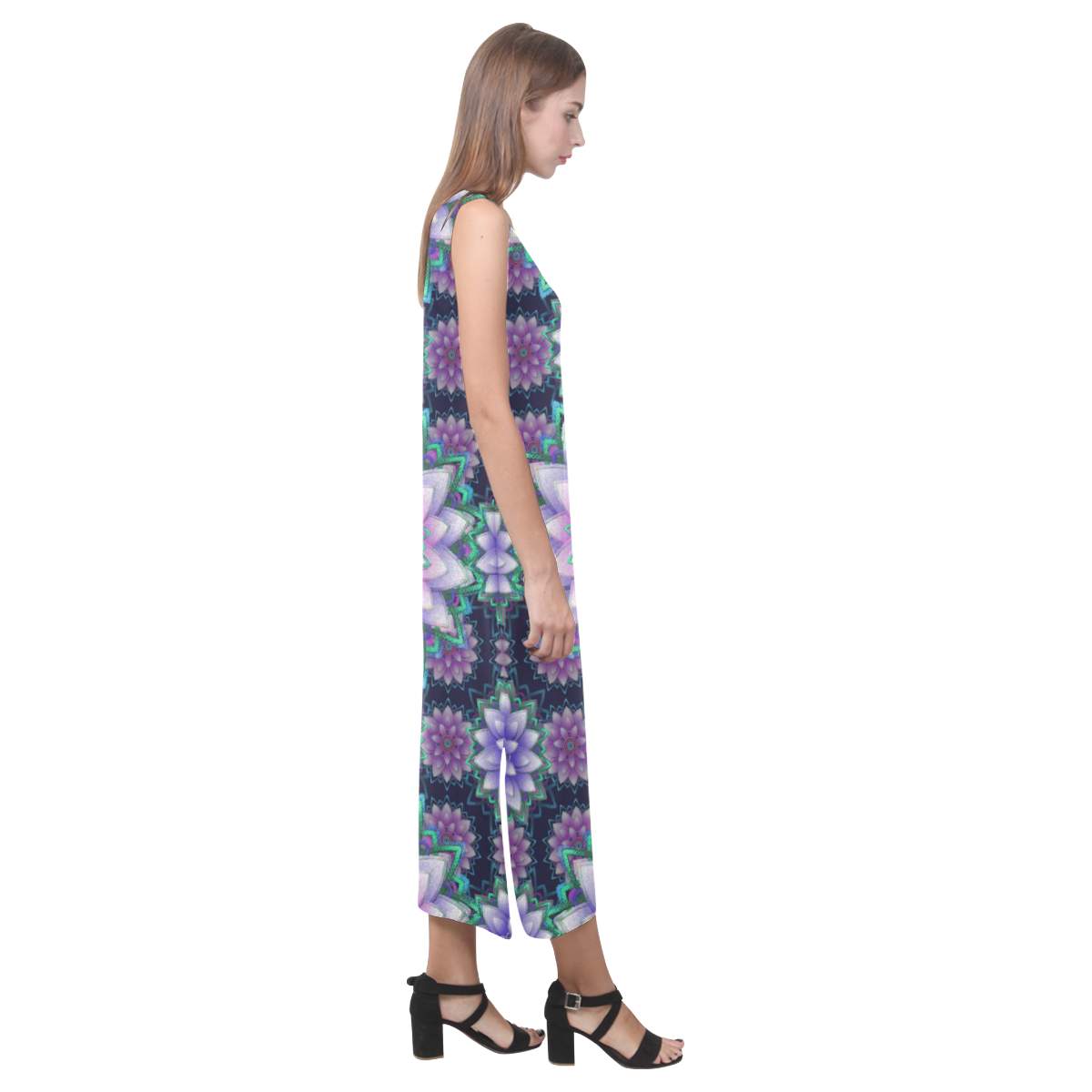 Lotus Flower Ornament - Purple and green Phaedra Sleeveless Open Fork Long Dress (Model D08)