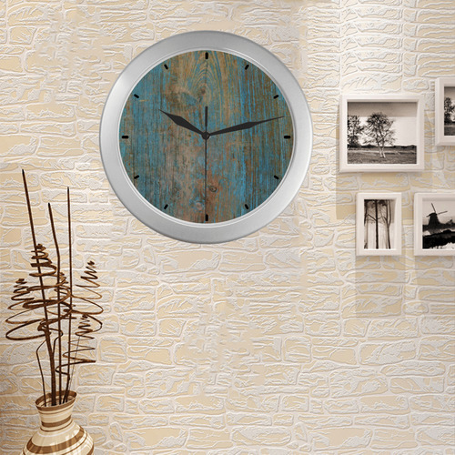 Rustic Wood  Blue Weathered Peeling Paint Silver Color Wall Clock