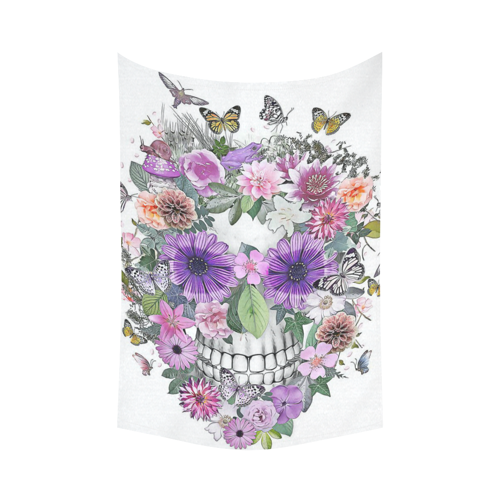 flower skull pink, orange,violett Cotton Linen Wall Tapestry 60"x 90"