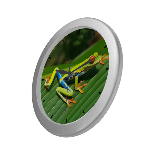 Green Red-Eyed Tree Frog - Tropical Rainforest Animal Silver Color Wall Clock