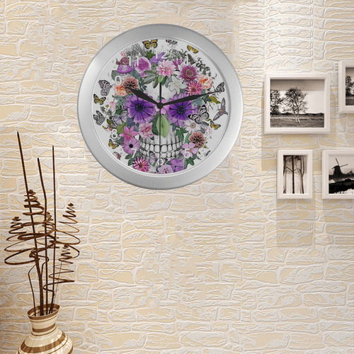 flower skull pink, orange,violett Silver Color Wall Clock