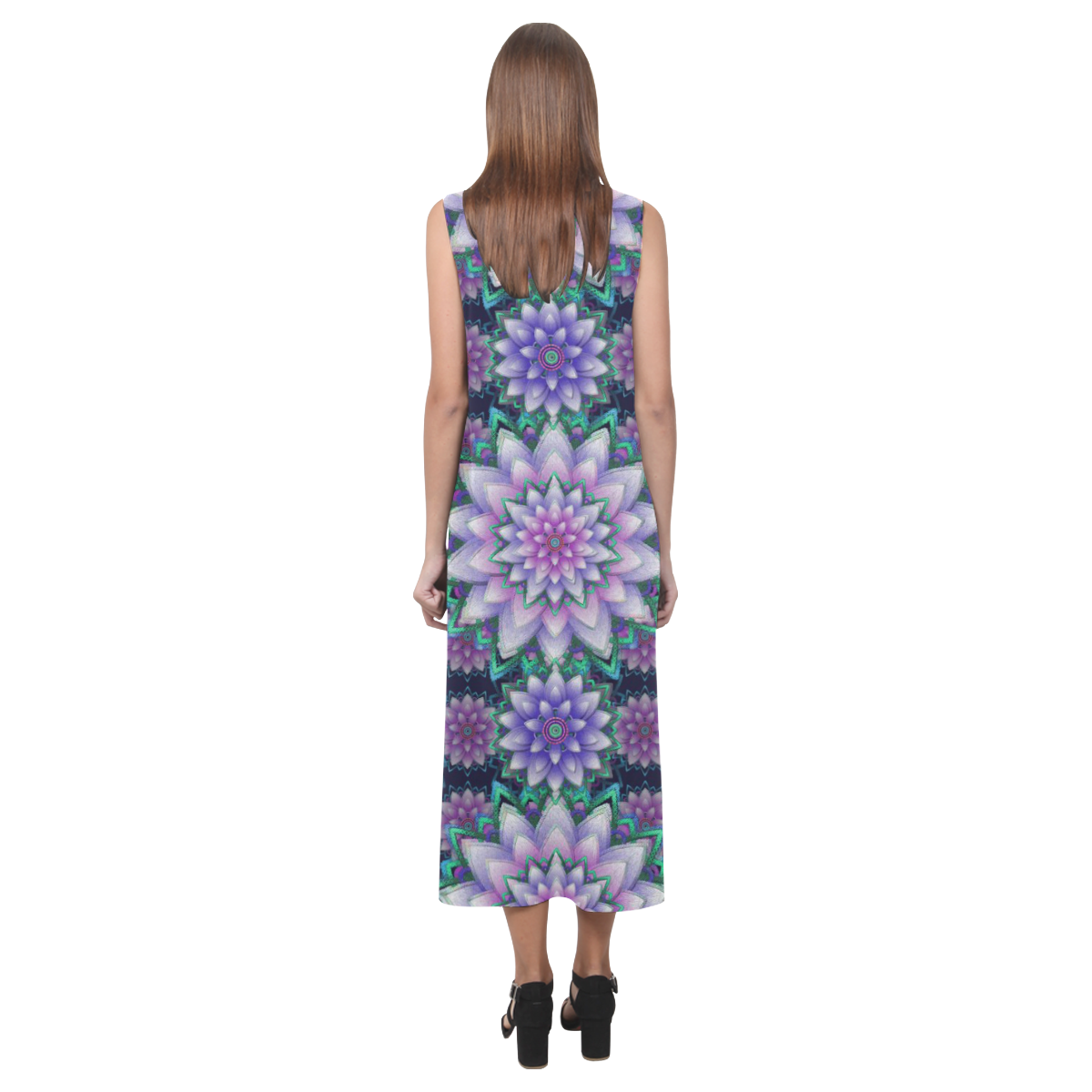 Lotus Flower Ornament - Purple and green Phaedra Sleeveless Open Fork Long Dress (Model D08)