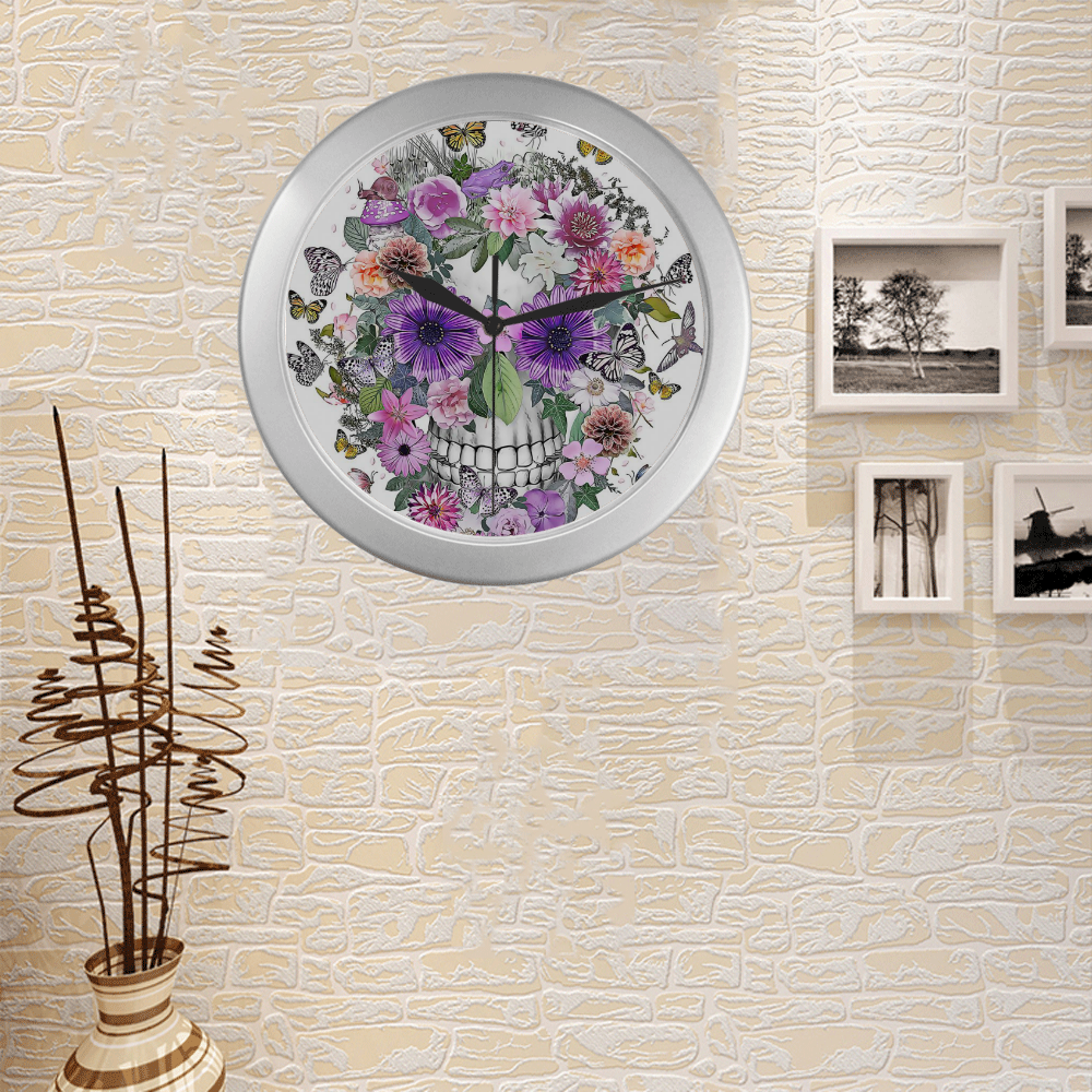 flower skull pink, orange,violett Silver Color Wall Clock