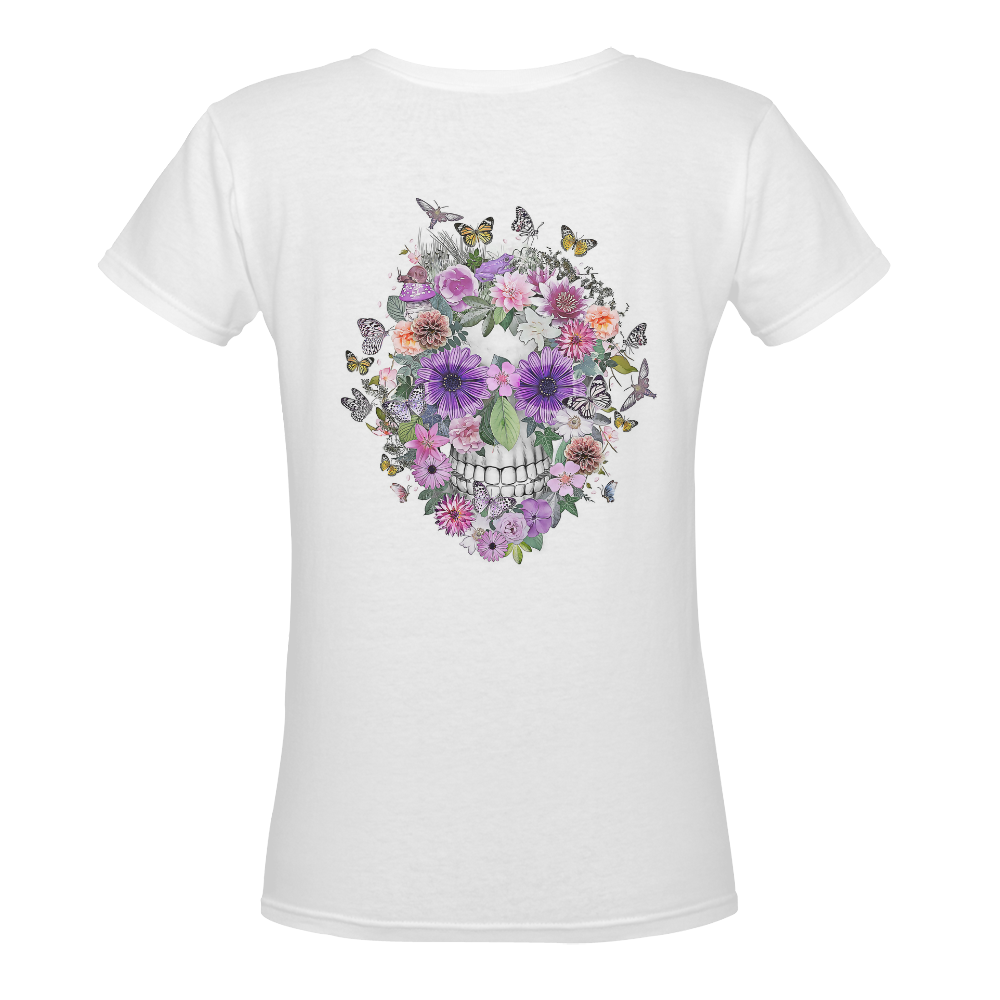 flower skull pink, orange,violett Women's Deep V-neck T-shirt (Model T19)