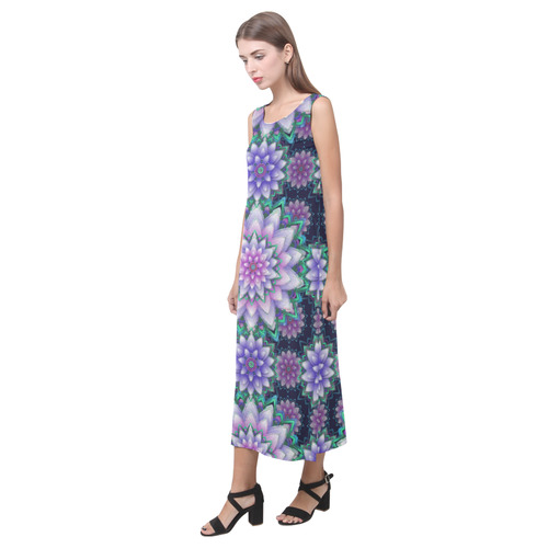 Lotus Flower Ornament - Purple and green Phaedra Sleeveless Open Fork Long Dress (Model D08)