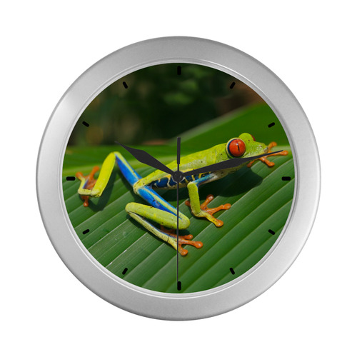 Green Red-Eyed Tree Frog - Tropical Rainforest Animal Silver Color Wall Clock
