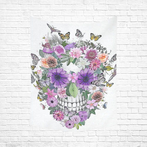 flower skull pink, orange,violett Cotton Linen Wall Tapestry 60"x 80"