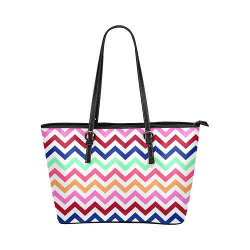 Multicolor CHEVRONS Pattern Pink Turquoise Coral Blue Red Leather Tote Bag/Large (Model 1651)