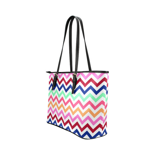 Multicolor CHEVRONS Pattern Pink Turquoise Coral Blue Red Leather Tote Bag/Large (Model 1651)