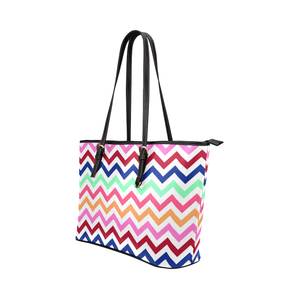 Multicolor CHEVRONS Pattern Pink Turquoise Coral Blue Red Leather Tote Bag/Large (Model 1651)