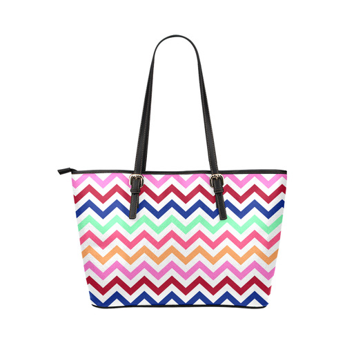 Multicolor CHEVRONS Pattern Pink Turquoise Coral Blue Red Leather Tote Bag/Large (Model 1651)