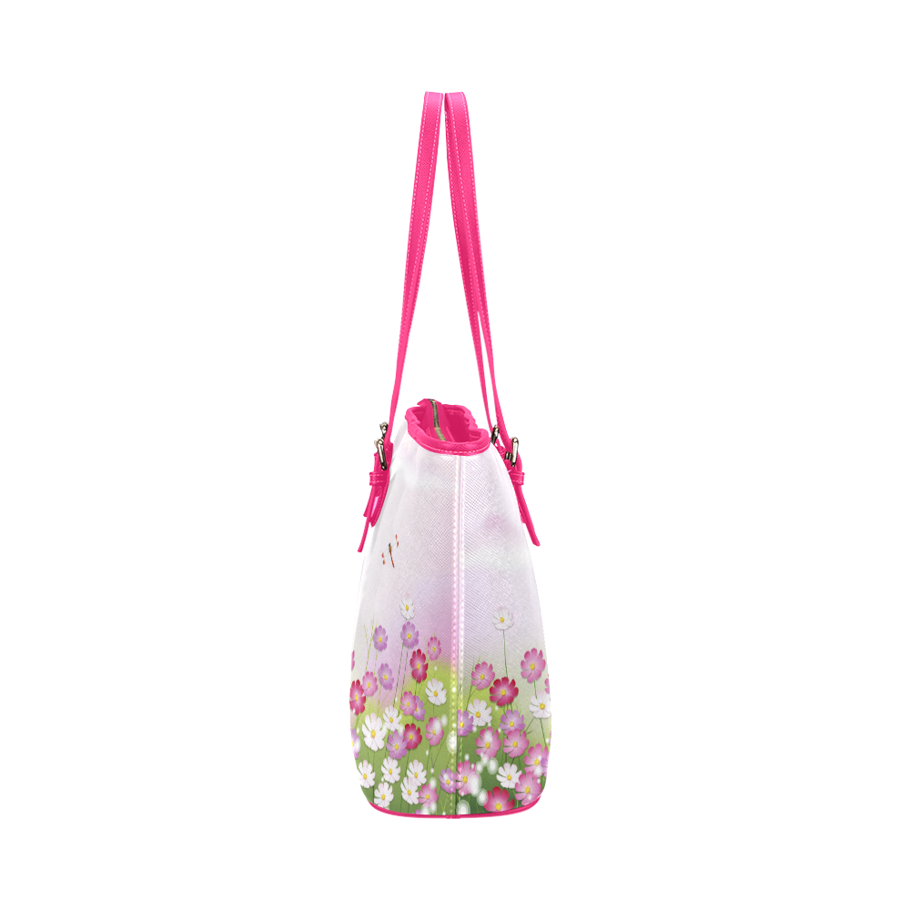 Cute Pink Flowers Dragonfly Floral Leather Tote Bag/Large (Model 1651)